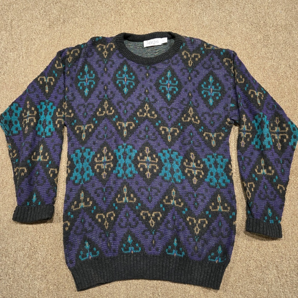 Vintage 90s‎ Jantzen Sweater Mens L Tall Purple Teal Geometric Knit Made in USA